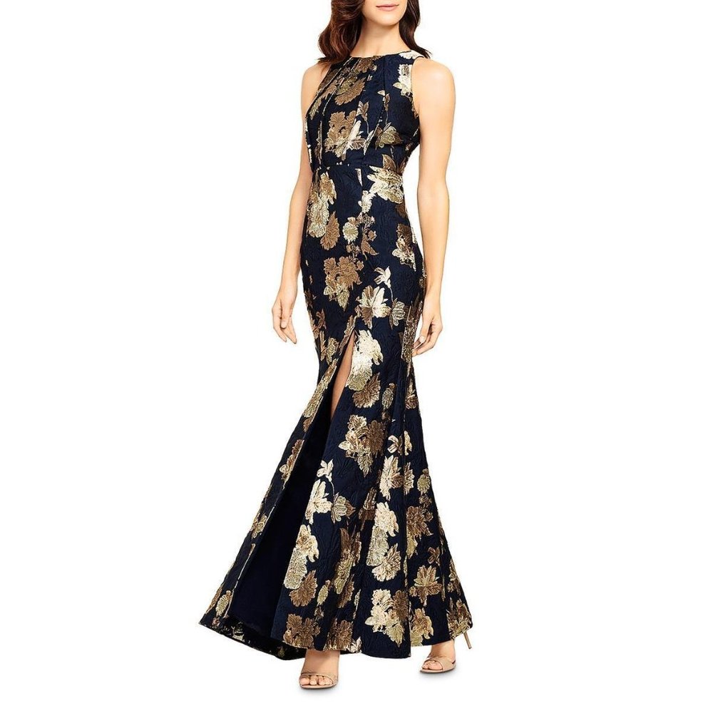 Dress Mattox Navy Jacquard Metallic Formal Evening Gown